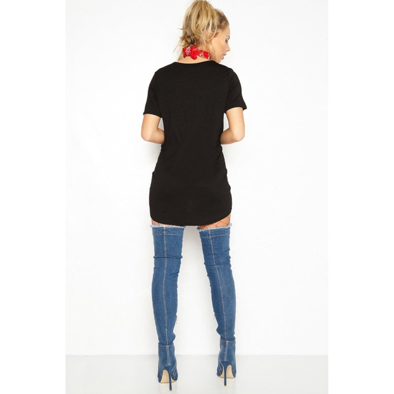 Edgy Black Steampunk Distressed Hollow Out Graphic T-Shirt Dress  T-Shirts Edgy Couture