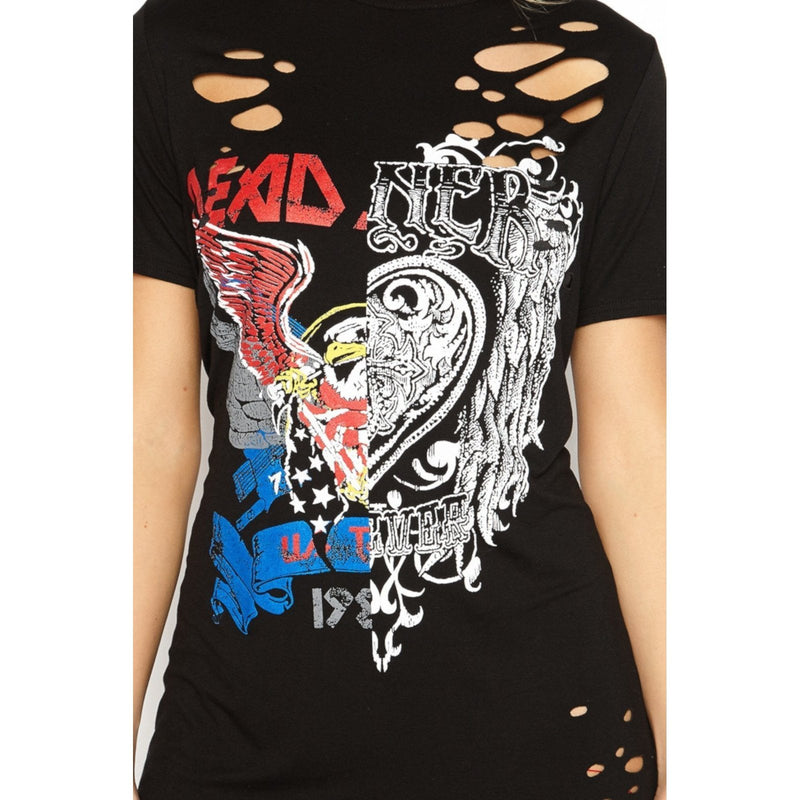 Edgy Black Steampunk Distressed Hollow Out Graphic T-Shirt Dress  T-Shirts Edgy Couture