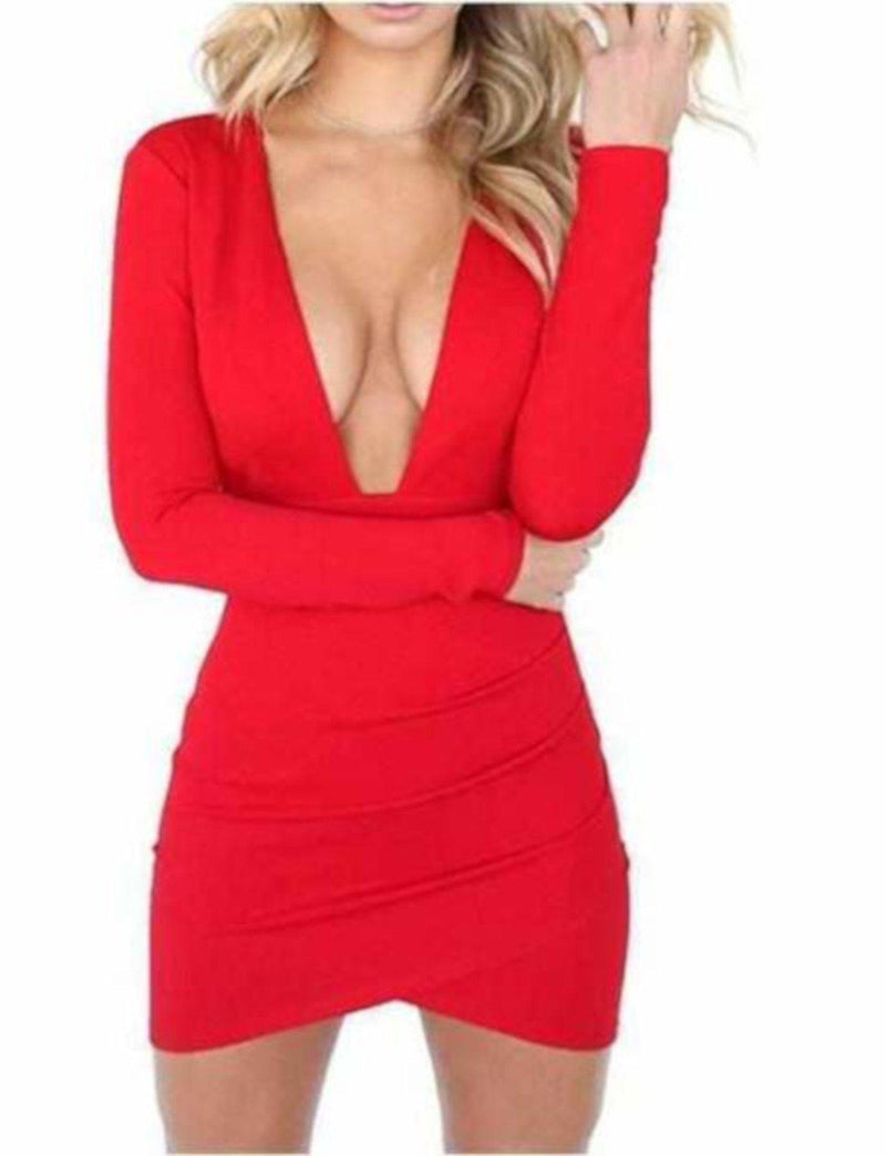 Hot Red Plunging Long Sleeve Backless Bodycon Dress  Bodycon Dress Edgy Couture