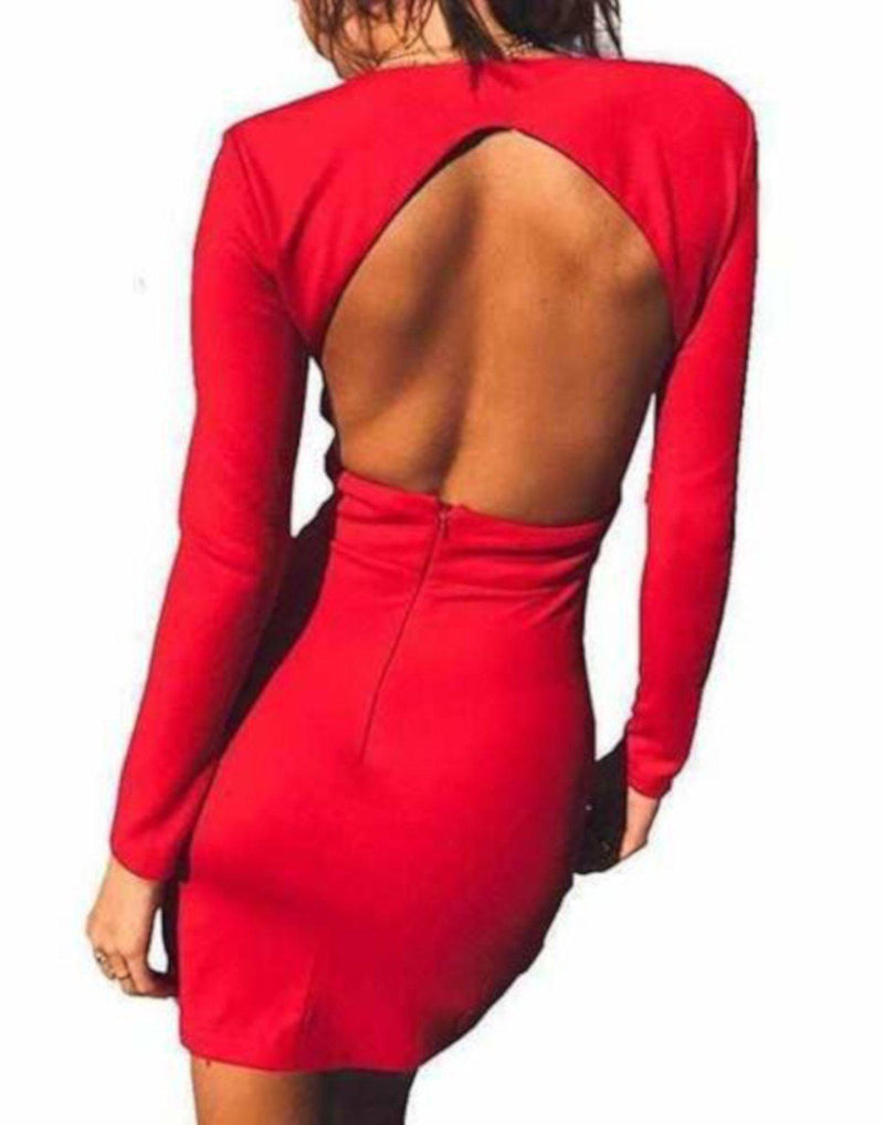 Hot Red Plunging Long Sleeve Backless Bodycon Dress  Bodycon Dress Edgy Couture