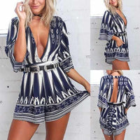 Ladies Sexy Blue Pedal Qtr Sleeve V Neck Belted Party Shorts Romper X-Large / Blue / Polyester Rompers Edgy Couture