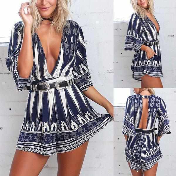 Ladies Sexy Blue Pedal Qtr Sleeve V Neck Belted Party Shorts Romper X-Large / Blue / Polyester Rompers Edgy Couture