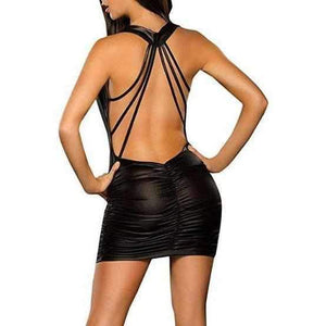 Ladies Wet Luxurious Black Faux Leather Backless Min Club Dress  Party Dress Edgy Couture
