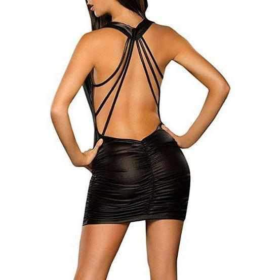 Ladies Wet Luxurious Black Faux Leather Backless Min Club Dress  Party Dress Edgy Couture