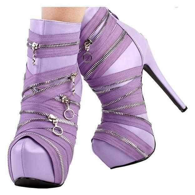 Lavender SteamPunk Mummy Bandage Zip High Heel Ankle Boots 10 / Purple / Leather Ankle Boots Edgy Couture