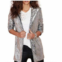 Sexy Business Casual Open Front Silver Sequin Office Blazer  Jackets Edgy Couture