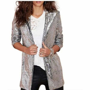 Sexy Business Casual Open Front Silver Sequin Office Blazer  Jackets Edgy Couture