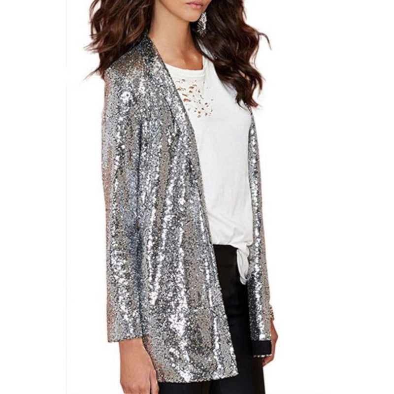 Sexy Business Casual Open Front Silver Sequin Office Blazer  Jackets Edgy Couture