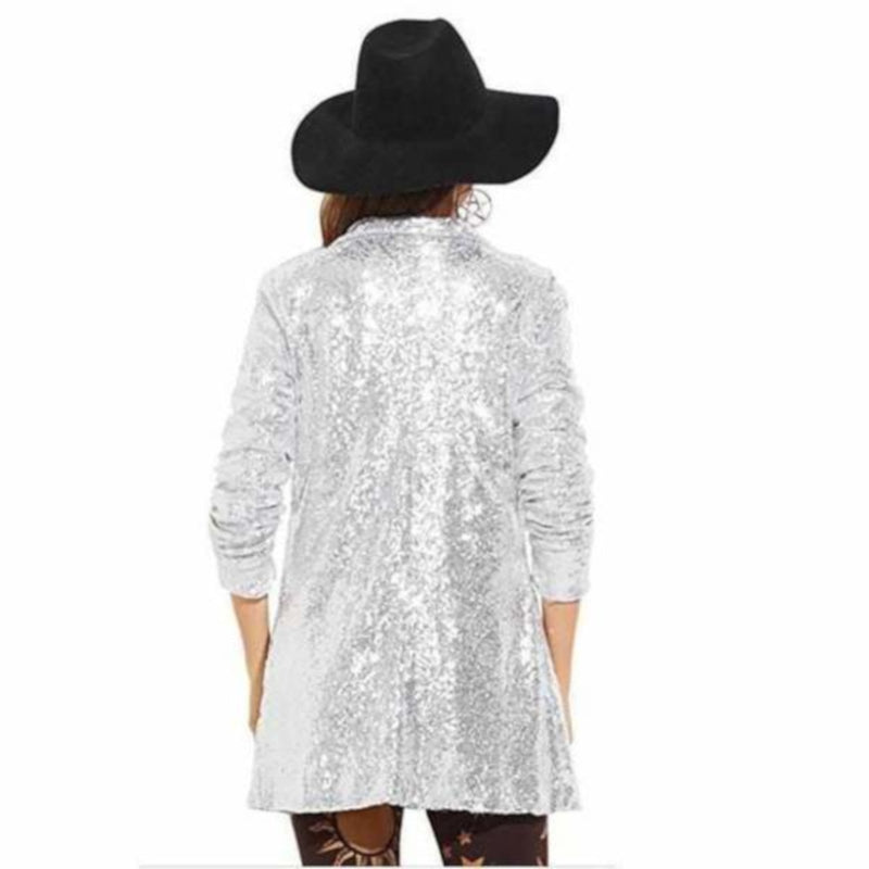 Sexy Business Casual Open Front Silver Sequin Office Blazer  Jackets Edgy Couture