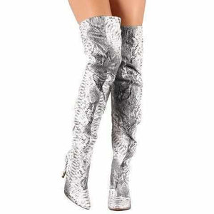 Sexy Silver Metallic Snake Thigh High Dress Boots  Boots Edgy Couture