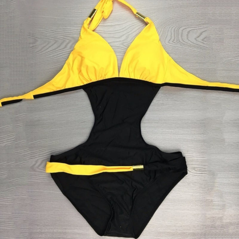 Sexy Vintage Black & Gold Retro Triangle Top Monokini Swimsuit