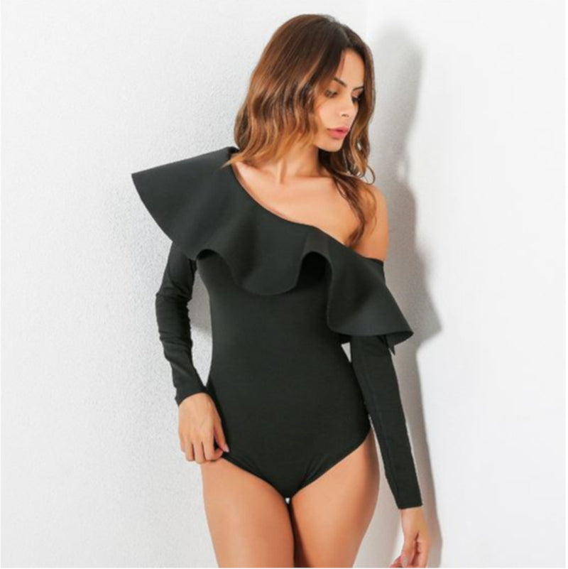 Casual Black Off Shoulder Bodysuit Ruffles