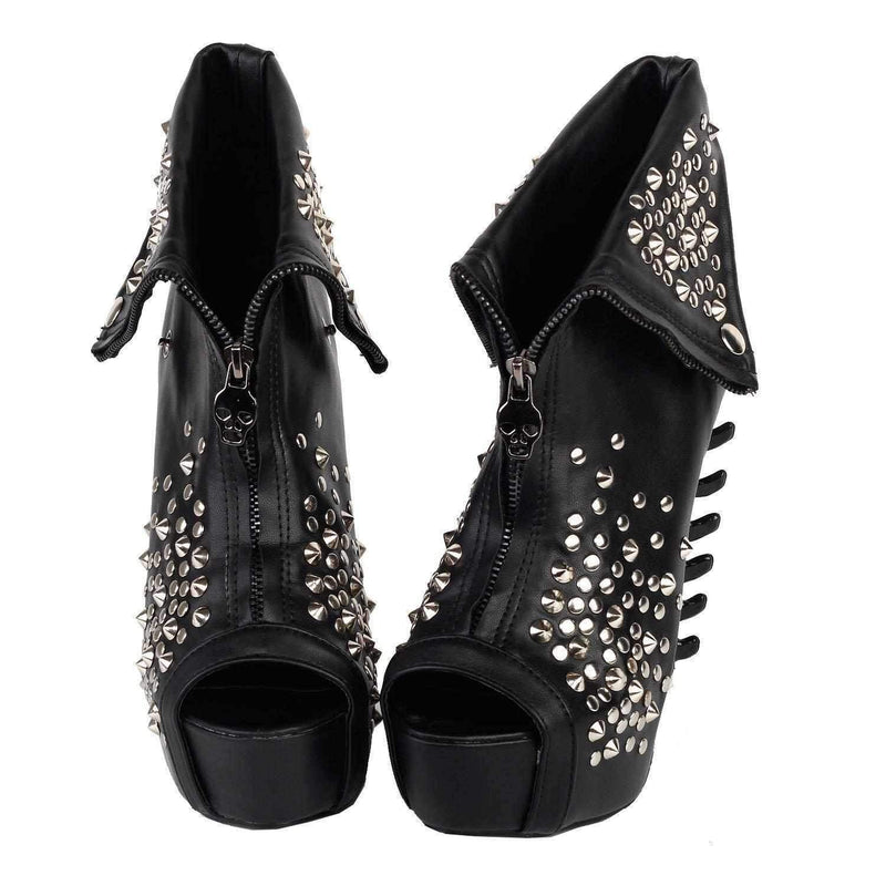Black Riveted SteamPunk Jagged Edge Leather Peep Toe High Heel Ankle Boots  Ankle Boots Edgy Couture