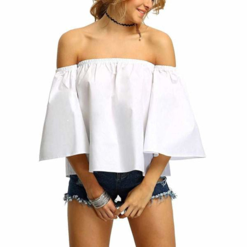 Trendy White Off The Shoulder Flowy Summer Crop Top W/ Ruffles  Shirts Edgy Couture
