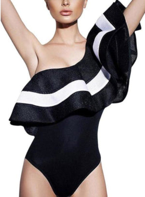 Vintage Black Stripe Boho Bodysuit Swimwear-Bodysuits-Edgy Couture