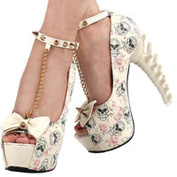 Women's White Skull &amp; Bones Ankle Leash Stilettos  Pumps Edgy Couture