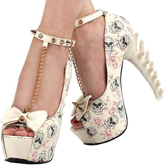 Women's White Skull &amp; Bones Ankle Leash Stilettos  Pumps Edgy Couture