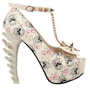 Women's White Skull &amp; Bones Ankle Leash Stilettos 10 / Blue / PU Pumps Edgy Couture