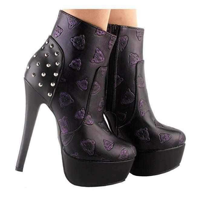 Punk Purple &amp; Black Leopard Studded Ankle Boots 10 / Purple / PU Ankle Boots Edgy Couture