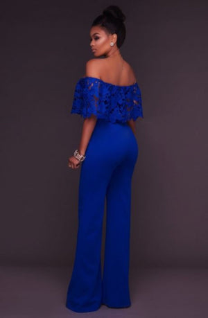 Women Blue Lace Ruffles Off Shoulder BusinessSuit Jumpsuit-Jumpsuit-Edgy Couture