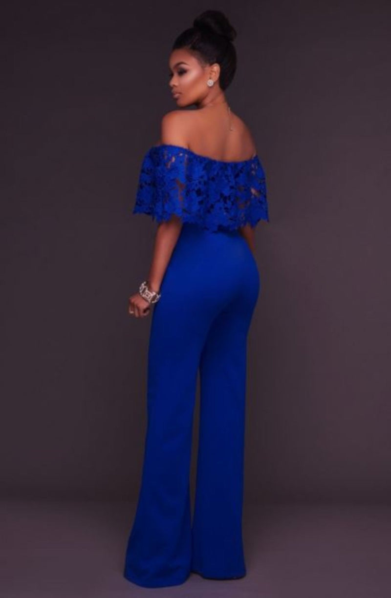Women Blue Lace Ruffles Off Shoulder BusinessSuit Jumpsuit-Jumpsuit-Edgy Couture