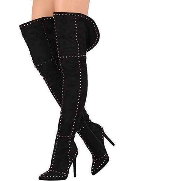 Women's Black Faux Suede Studded Thigh High Boots 10 / Black Knee High Boots Edgy Couture