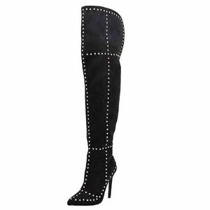 Women's Black Faux Suede Studded Thigh High Boots  Knee High Boots Edgy Couture
