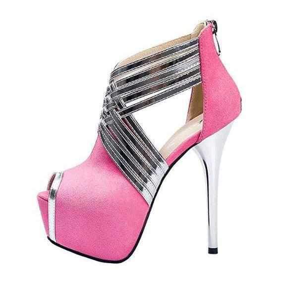 Women's Pink &amp; Silver Cross Strap Peep Toe Ankle Boots 10 / Pink / PU Wedding Shoes Edgy Couture