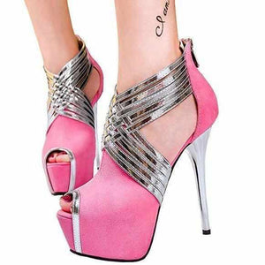 Women's Pink &amp; Silver Cross Strap Peep Toe Ankle Boots  Wedding Shoes Edgy Couture