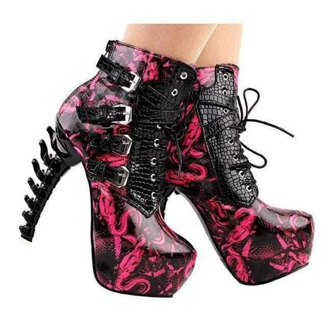 Womens Pink Stardust Bone Heel Buckle Ankle Boots 10 / Pink / PU Ankle Boots Edgy Couture