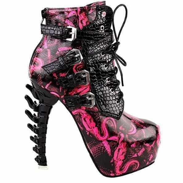 Womens Pink Stardust Bone Heel Buckle Ankle Boots  Ankle Boots Edgy Couture