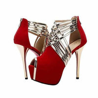 Women's Red &amp; Gold Cross Strap Peep Toe Ankle Boots  Wedding Shoes Edgy Couture