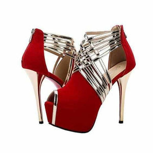 Women's Red &amp; Gold Cross Strap Peep Toe Ankle Boots  Wedding Shoes Edgy Couture