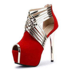 Women's Red &amp; Gold Cross Strap Peep Toe Ankle Boots  Wedding Shoes Edgy Couture