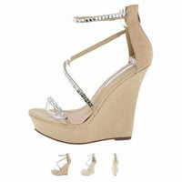 Women's Tans Rhinestone Platform Wedge Wedding Sandals  Wedges Edgy Couture