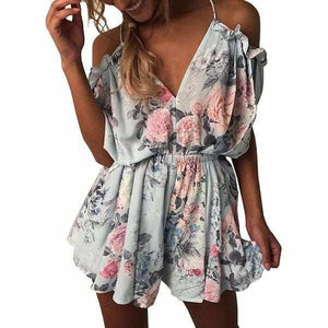 Women's Trendy Blue Floral Spaghetti Strap Ruffles Summer Romper XXL / Blue / Polyester Rompers Edgy Couture