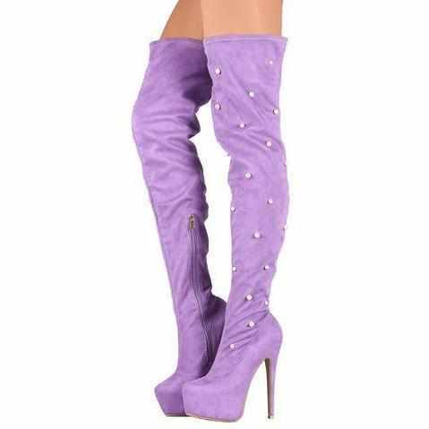 Women's Trendy Purple Pearl Thigh High Platform Boots  Thigh High Boots Edgy Couture