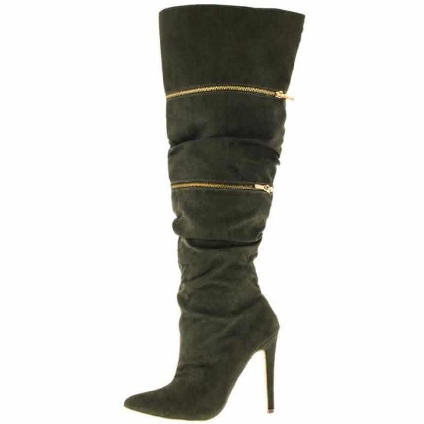 Women's Zaria Olive Green Faux Fur Platform Knee High Boots 8 / Olive / Faux Suede Knee High Boots Edgy Couture